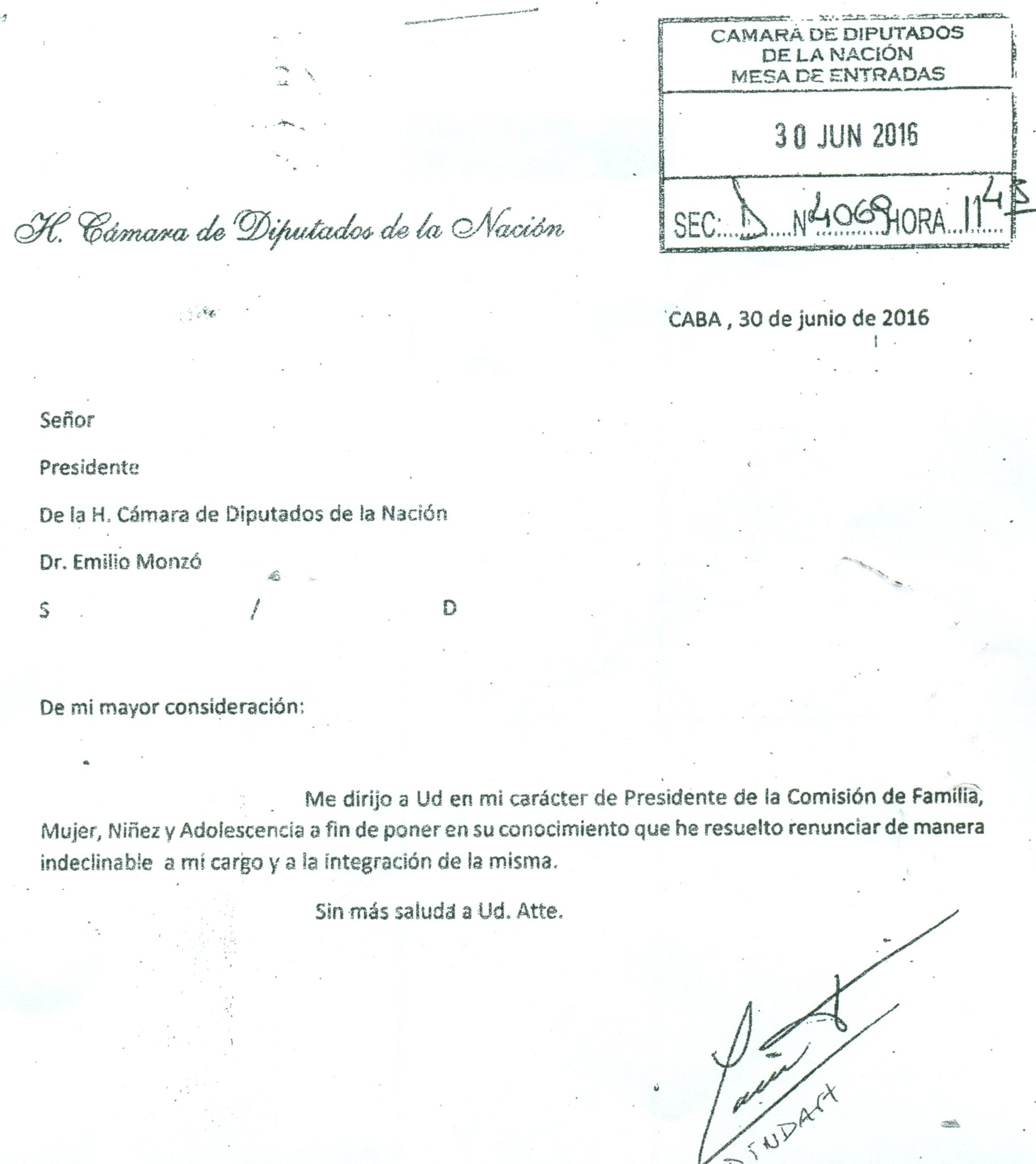 Carta de renuncia de Dindart a la presidencia de la Comisión de Familia.